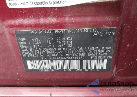 2011 Subaru Legacy 2.5I Premium z USA, uszkodzony, nr VIN 4S3BMBG62B3230479